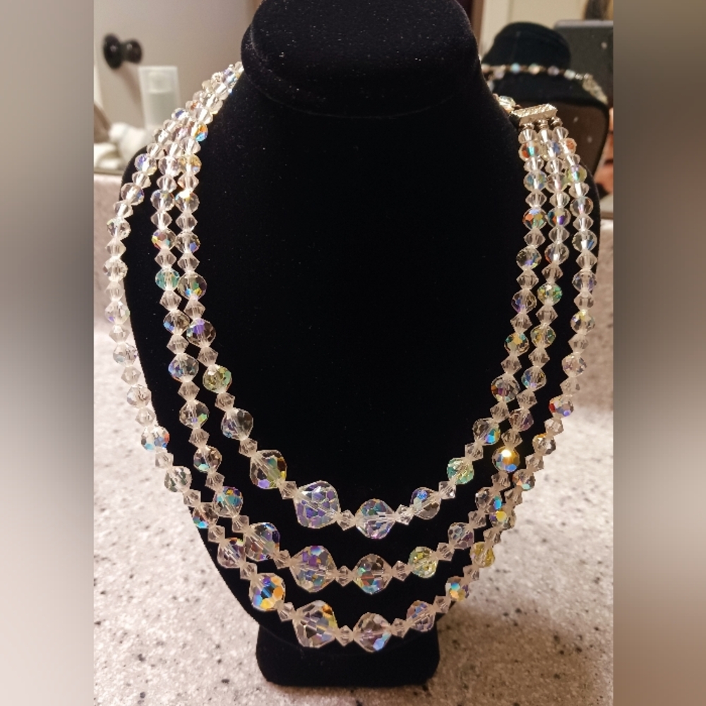 Vintage Clear Faceted Bead Set, clip earrings, 1-strand 28", 3-strand 16"